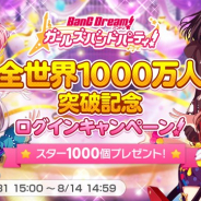 Craft Eggとブシロード、『ガルパ』で全世界1000万人突破記念ログインキャンペーンを7月31日より開催 全員にスター1000個をプレゼント