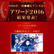【ドコモ・アニメストア調査】2016年放送アニメの人気ランキングを実施…『ユーリ!!! on ICE』が「1番好きなアニメ」1位に