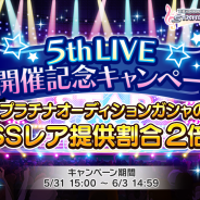 バンナム、『デレステ』で本日15時より「5thLIVE開催記念キャンペーン」開催…プラチナオーディションガシャのSSレア提供割合が2倍に