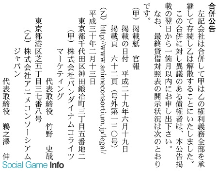 バンダイナムコライツマーケティング アニメコンソーシアムジャパンを吸収合併 Social Game Info