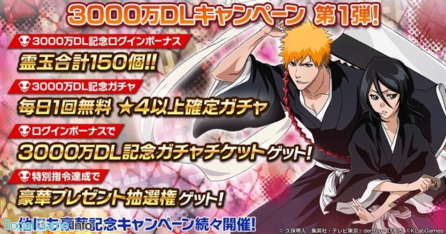 Klab Bleach Brave Souls が全世界3000万dlを突破 毎日無料ガチャ など 3000万dlキャンペーン 第1弾 を本日より実施 Social Game Info