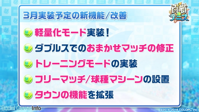 コロプラ 白猫テニス で 超 進化プロジェクト を公開 第1弾は動作ラグを改善する 軽量化モード など新機能 調整を3月に実施予定 Social Game Info
